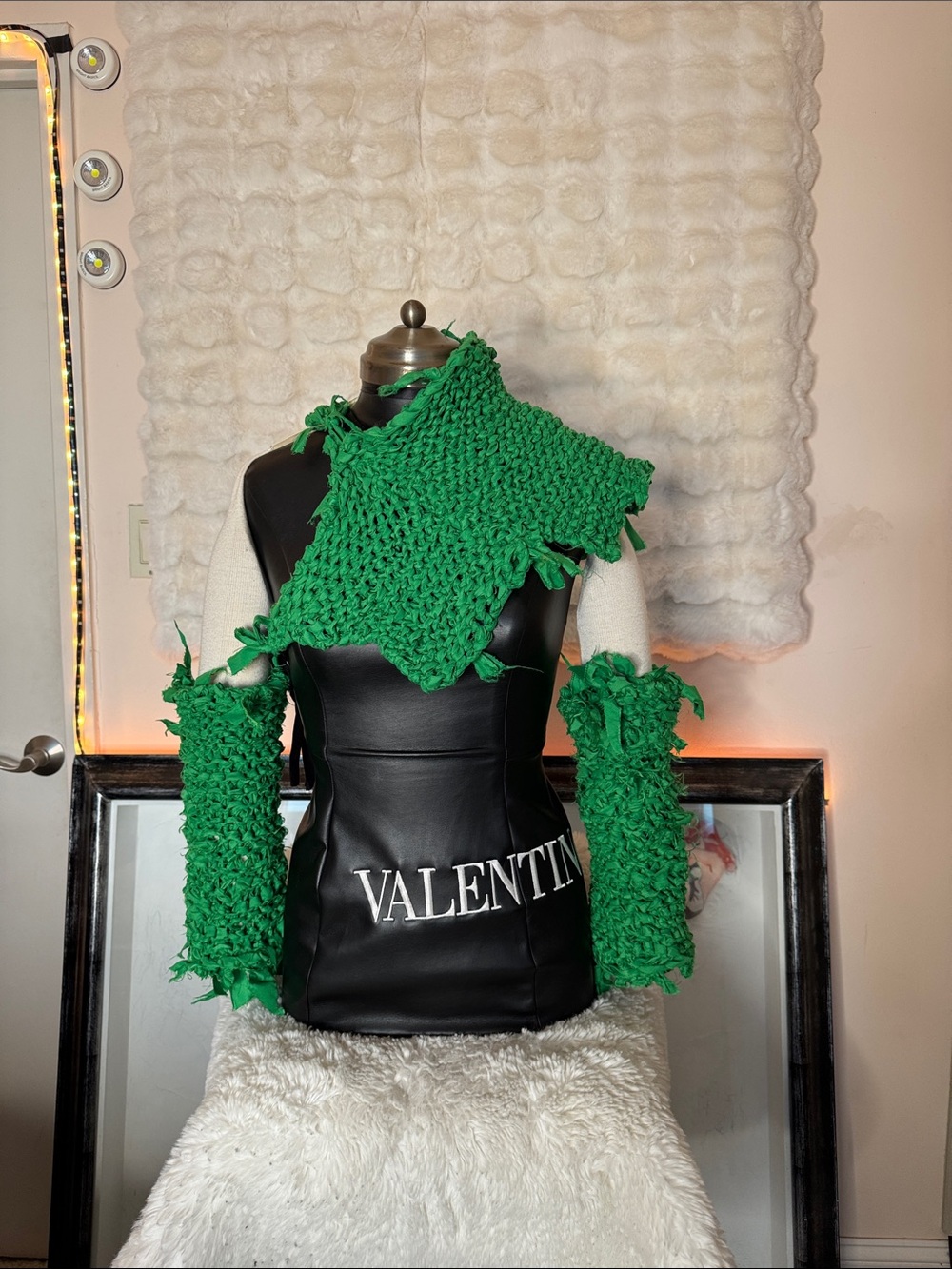 Handmade Bright Green Hand-Knit Fringe Scarf